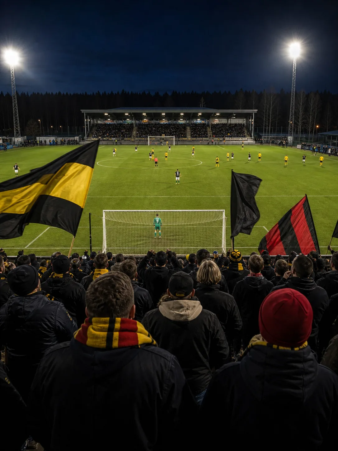 Fullsatt arena med läktare och match i Division 1
